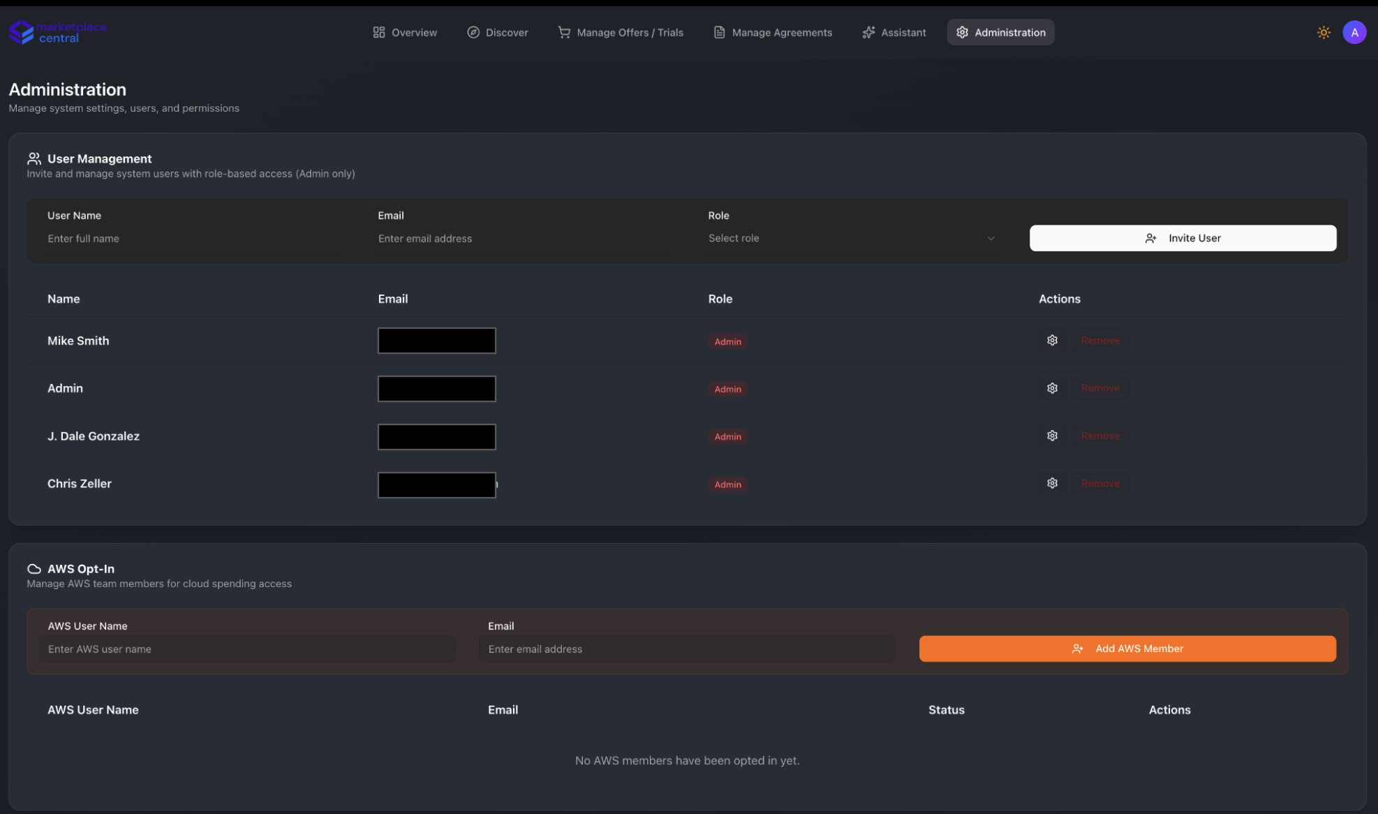 Admin dashboard and team management